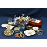 A rummage box of collectables to include a pewter tyg, inscribed D.U.B.C Trial Fours, 1903; Guernsey