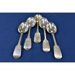 Five Channel Islands silver bright cut fiddle pattern dessert and table spoons comprising of two