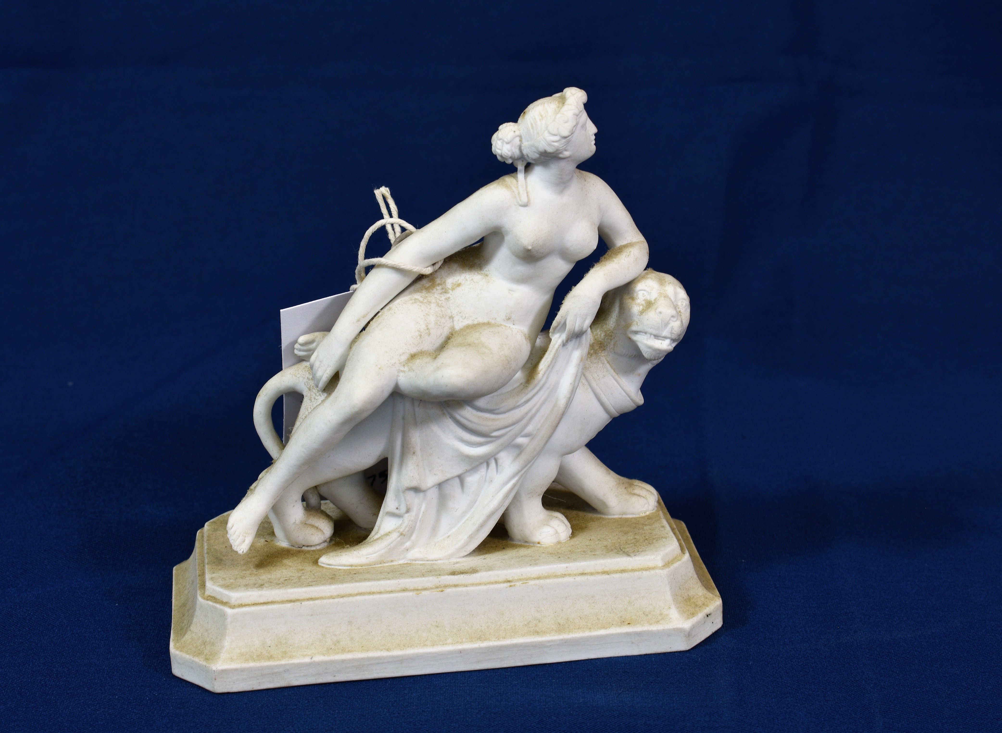 A Bing Freres parian ware figure of Diana the goddess to a lion, signed to base, 5 1/4in. (13.