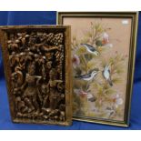 A carved Balinese panel depicting Rama, Sita and the white monkey; with a Balinese painting on