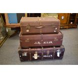 A vintage steamer trunk wood bound, 30in. (91.4cm.) long, together with two similar smaller