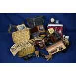 A large rummage box of vintage and antique collectables comprising of a dagerreotype of a lady;