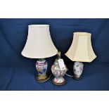 Three Chinese porcelain vase lamps, two with shades (3)