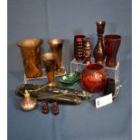 A collection of various coloured glass to include a red Webb honeycomb moulded vase and a Royal