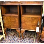 A matching pair of bedside tables with single shelf and cupboard on pad feet (38cm x 75cm high)