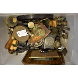 A rummage box of collectables to include a Britannic B.C. & Co leather bound 3 drawer 15x telescope;