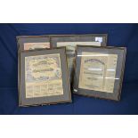 Scripophily - four framed early 20th century bond certificates comprising an Autobus Belge Bond of