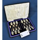 A cased set of twelve bright cut fiddle pattern silver spoons and matching sugar tongs, Joseph
