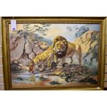 Signed Pakara oil on canvas painting depicting two lions drinking at a watering hole, Kenya '73 (