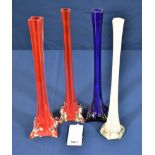 Four vintage coloured glass single stem specimen vases in red, blue and milk, the tallest 16in. (