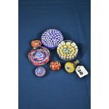 A quantity of millefiori paperweights etc to include a Whitefriars Queen Elizabeth II 1953