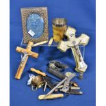 A rummage box consisting of penknives, photo frame, horn beaker, watches etc (qty)