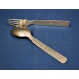 WWII German Army utensil mess set spoon & fork each piece engraved to reverse with German eagle