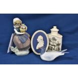 A Royal Copenhagen figure of a seagull no. 1468; together with a Lladro figure; an oval Wedgwood