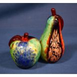 Two Murano glass paperweights by Franco Moretti in the form of an apple and a pear, multicoloured