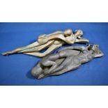 A modernist bronze sculpture of a reclining nude couple signed with initials, possibly EG, with