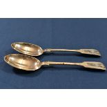 A pair of Channel Islands bright cut fiddle pattern table spoons London, 1883, overstruck JPG (