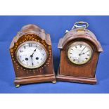 Two Edwardian mahogany mantel clocks, one marquetry inlaid (2)