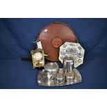 An inlaid Edwardian tray, Schatz brass cased lantern style wall mounted clock, Queen Victoria
