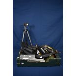 A pair of cased Nikon 8 x 42 binoculars plus other items to include camera tripod, Fujifilm