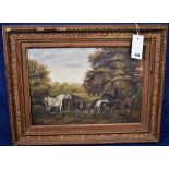 A framed oil painting of forest horses, 34cm x 49cm.