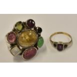 A silver and multi-gem set ring including rutilated quartz, chrysoprase and peridot, together with a