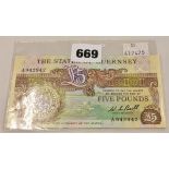 BRITISH BANKNOTE - Guernsey five pounds c. 1980, (GN50), serial number A 942942, treasurer Bull,