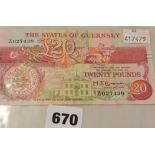 BRITISH BANKNOTE - Guernsey replacement twenty pound c. 1980, (GN52), serial number Z027438,