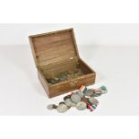 A box of coins inc. 1888 silver crown, plus ten Guernsey commemorative medals