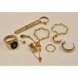 A 9ct gold ring together with 9ct gold earrings necklace etc for scrap, 21g (10)