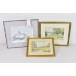 Three watercolours of scenic views - Guernsey artist E. Banks, the first titled, Snow Vista,