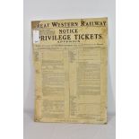 Railwayana - GWR Great Western Railway poster - NOTICE PRIVILEGE TICKETS APPENDIX pasted to board,