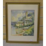 A watercolour by Margaret Cologni, Italian scene with a house on a lake shore, 10 x 8 3/4in., signed