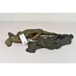 A modernist bronze sculpture of a reclining nude couple signed with initials, possibly EG, with mid-