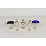 A George V silver five piece cruet set, S Lesser & Sons, Birmingham, 1924, of urn shaped and twin