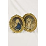 A pair of early 19th century oval watercolour portraits of a gentleman and wife (faded)