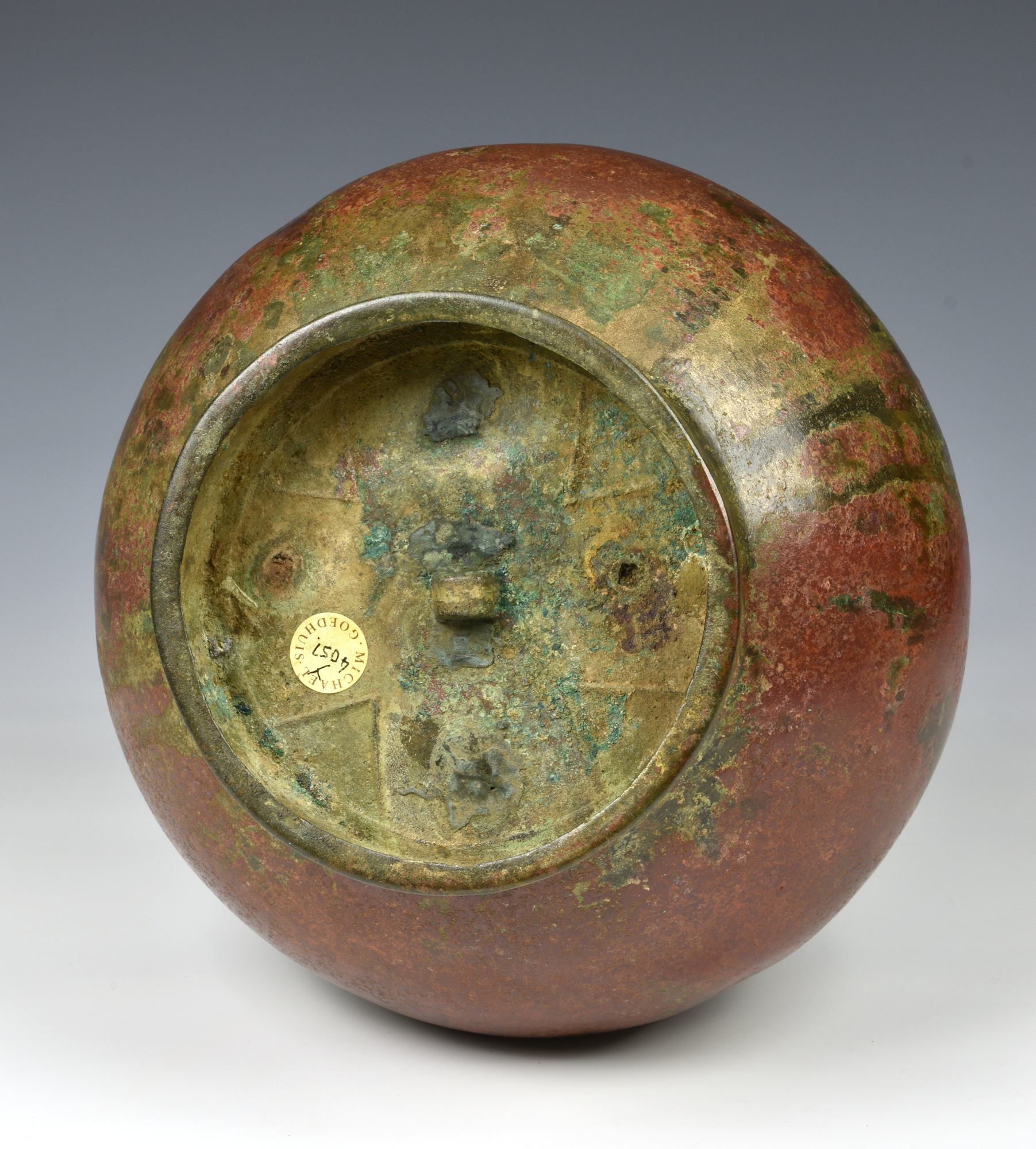 A Chinese bronze garlic head bottle vase, probably Han Dynasty (206BC-220AD), the compressed - Image 2 of 2