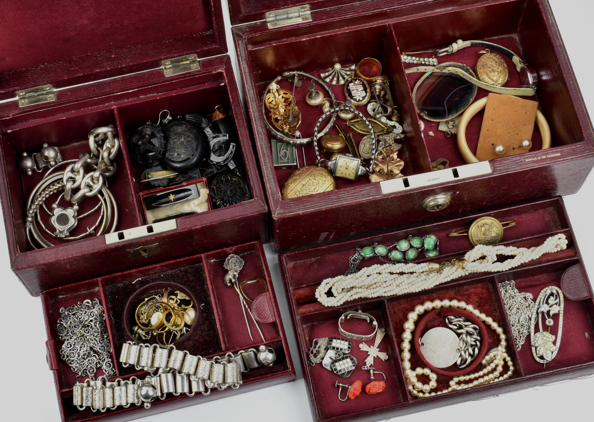 A collection of antique and vintage silver, costume and mourning jewellery, including a silver