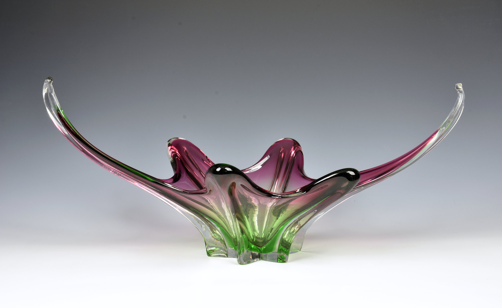 A heavily moulded tri colour Murano Art glass centrepiece bowl, mid 20th century, of elongated