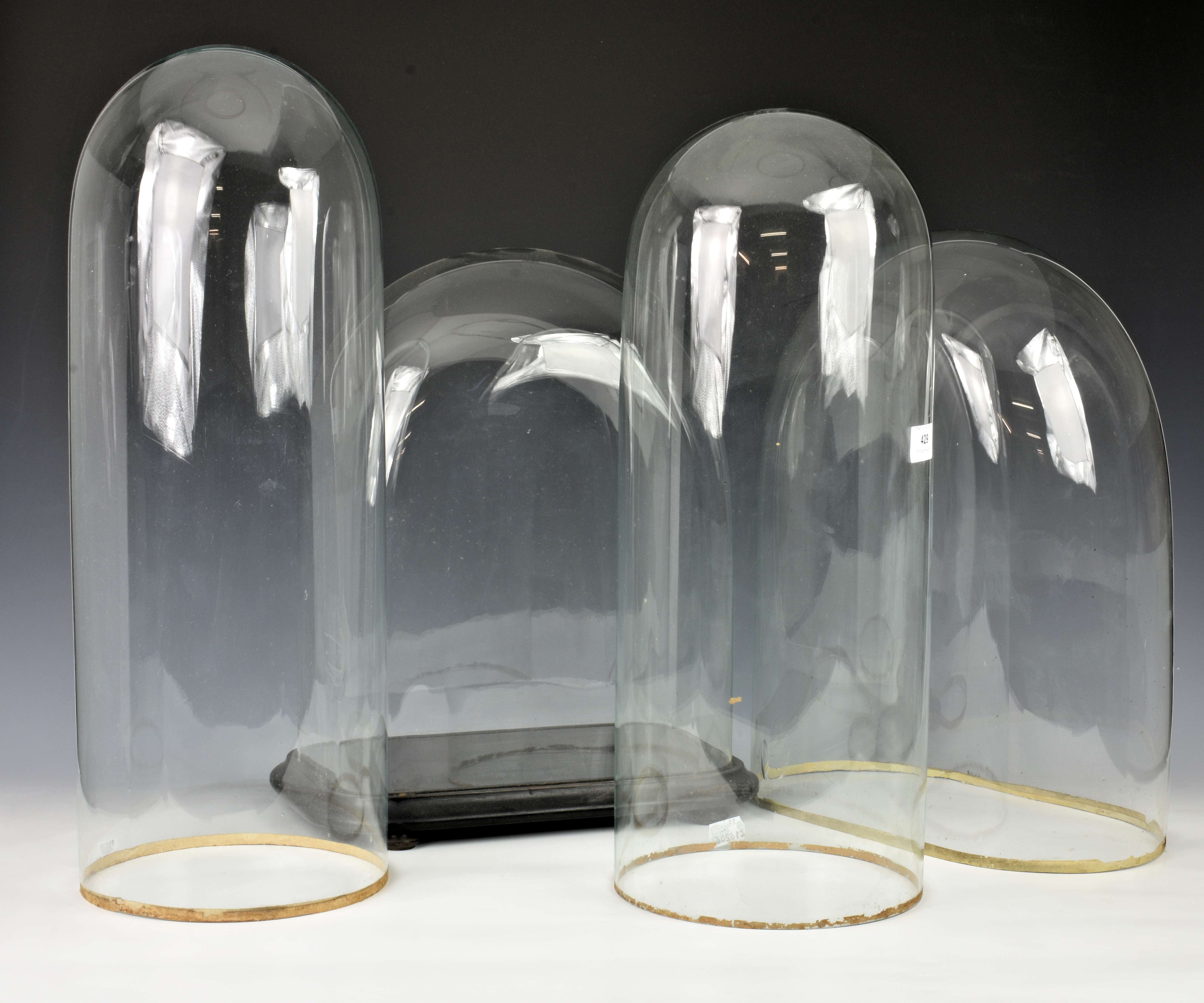 Four Victorian blown glass domes one with an ebonised base on turned feet, the tallest 20½in. (