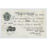 BRITISH BANKNOTE - Bank of England - Five Pounds K. O. Peppiatt, 14 March 1945, London, H66