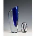 An art glass vase by Göran Wärff for Kosta Boda in blue and clear glass, etched mark 'Kosta Boda