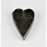 A unique Victorian love heart shaped horn snuff box engraved portrait of a gentleman to one side,