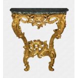 A profusely carved Rococo style giltwood and marble console table in the Louis XV taste, probably