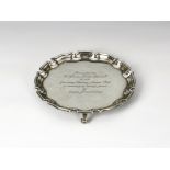 A George VI silver card waiter Adie Brothers Ltd, Birmingham 1949, of typical form, with piecrust