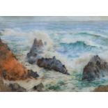 William John Caparne (British, 1856-1940) Breaking waves on the south coast of Guernsey pastel,