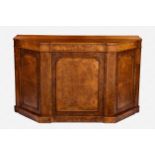 A Victorian burr walnut credenza of angled breakfront form, with later short back and three panelled
