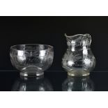 19th century etched clear glass jug and bowl - Guernsey interest c.1843, the glass etched with
