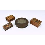 A small group of 19th century boxes comprising a Tunbridge ware rectangular trinket box, the cover