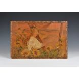 A pokerwork panel 1920s-30s, depicting a female harpist amidst a garden of sunflowers, 18 x 11¾
